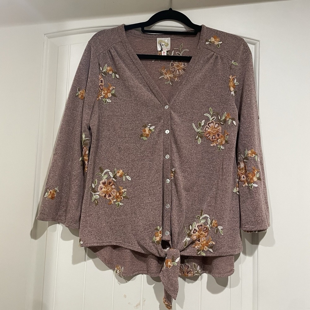 Anthropologie Fig &‎ Flower Blouse Womens Size Medium Knit Embroidered Floral